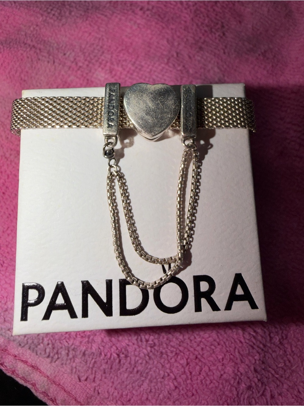 Pandora Silver Heart Mesh Bracelet with Double Safety Chain - Picture 3 of 3